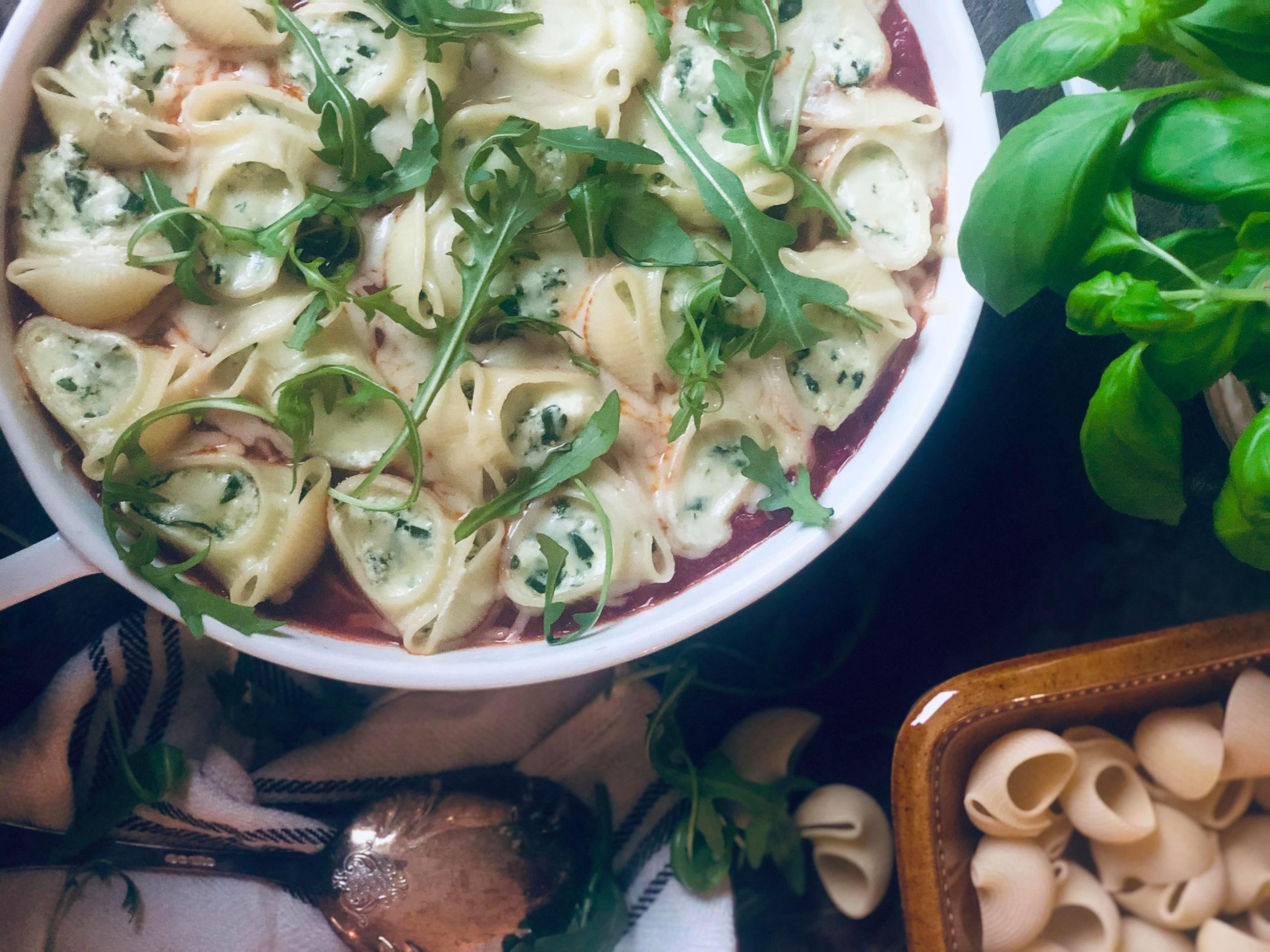 Fylt pasta med ricotta og spinat